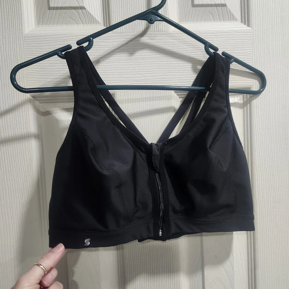 Glamorise Sport Bra 36D Black Front Zip‎ High Support Crisscross Back Activewear